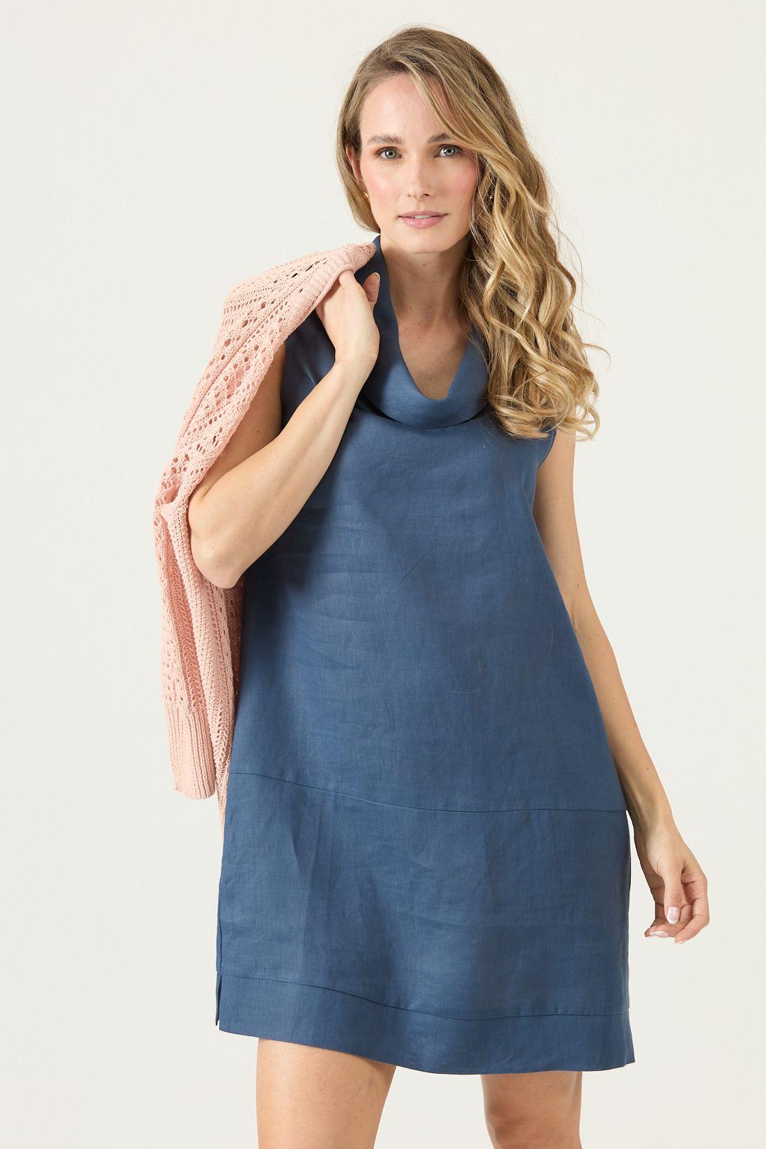 Vestido De Lino Azul Cod 4005415-0