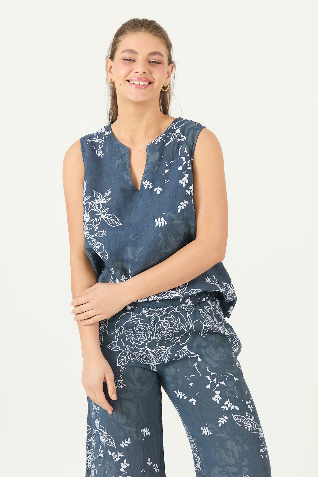 Blusa De Lino Estampada Azul Marino Cod 4518055-0