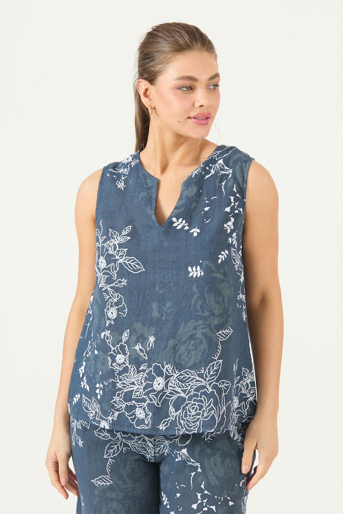 Blusa De Lino Estampada Azul Marino Cod 4518055-1