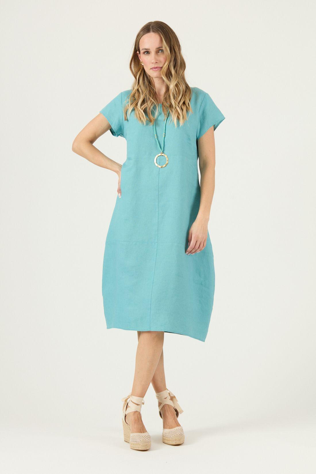 Vestido De Lino Agua Marina Cod 4005365-0