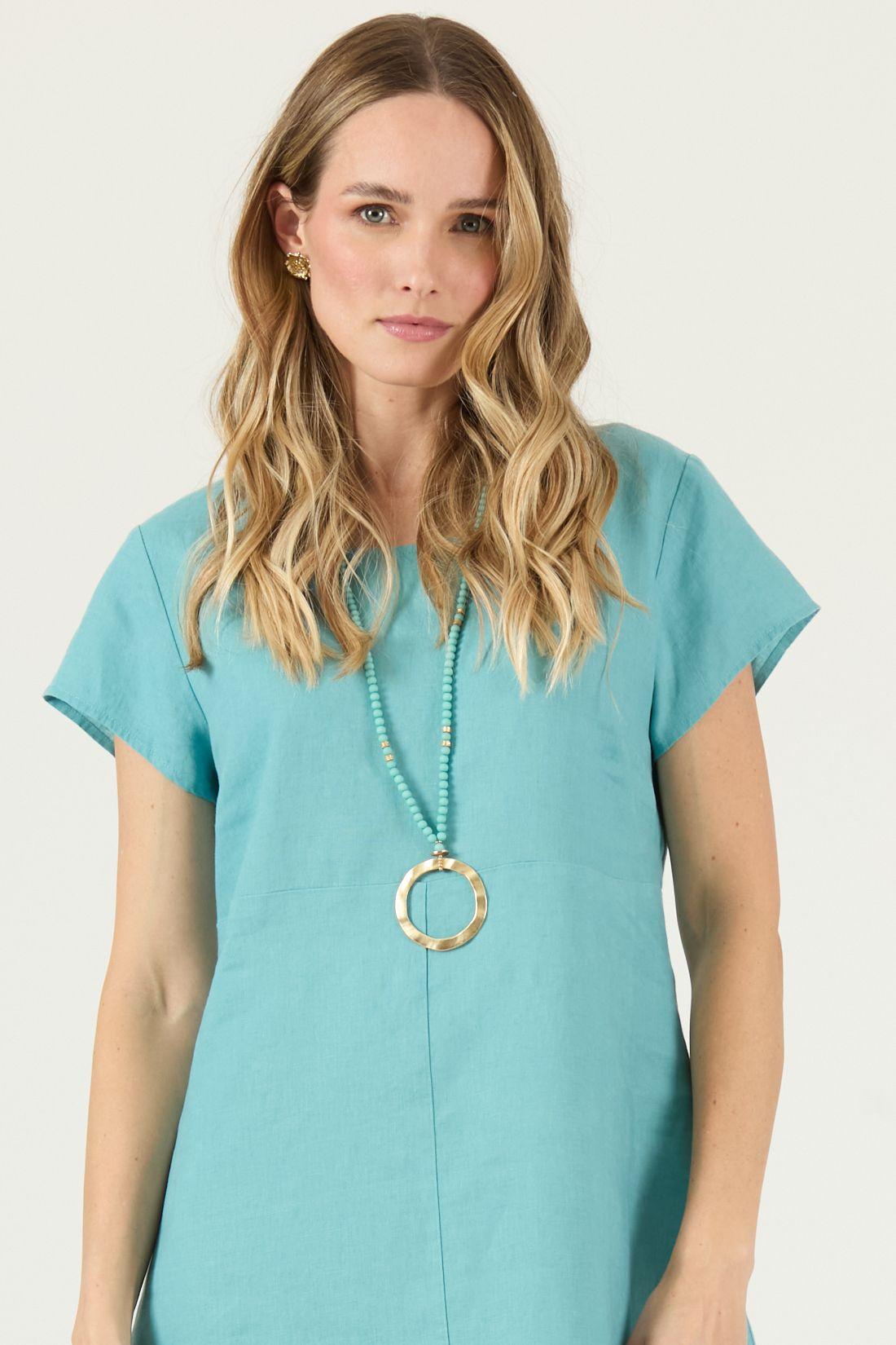 Vestido De Lino Agua Marina Cod 4005365-1