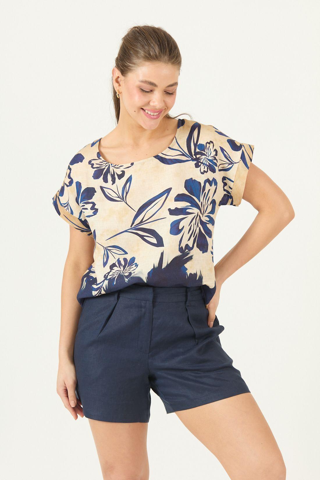 Blusa De Lino Estampada Azul Cod 4517415-0