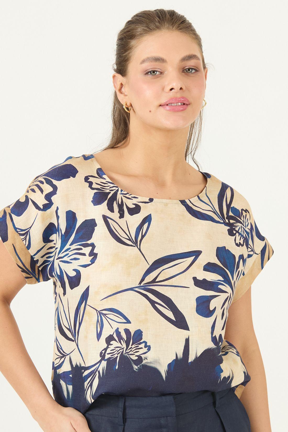 Blusa De Lino Estampada Azul Cod 4517415-1