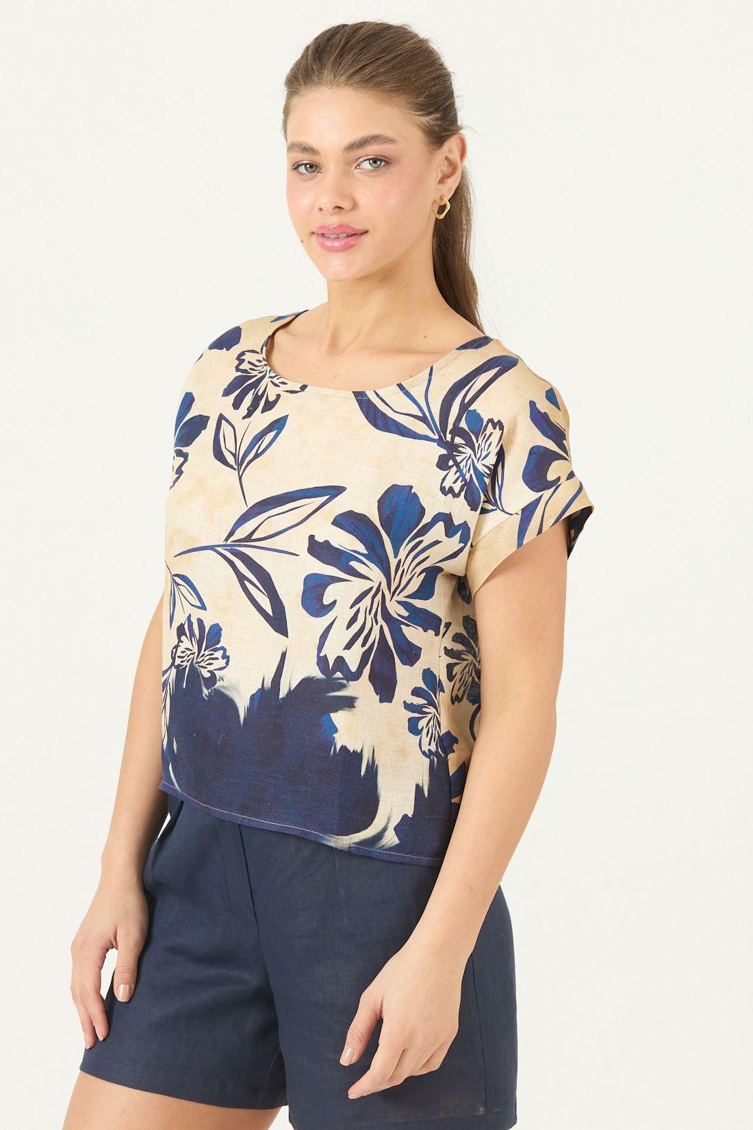 Blusa De Lino Estampada Azul Cod 4517415-3