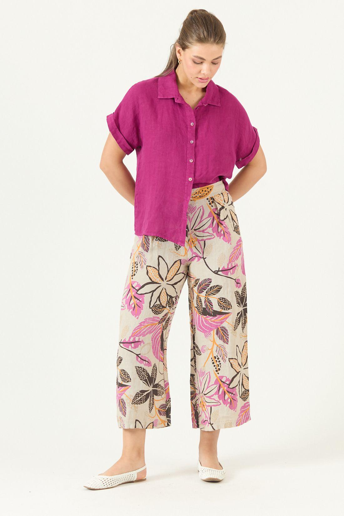 Pantalon De Lino Wide Leg Estampado Fucsia Cod 2013755-0