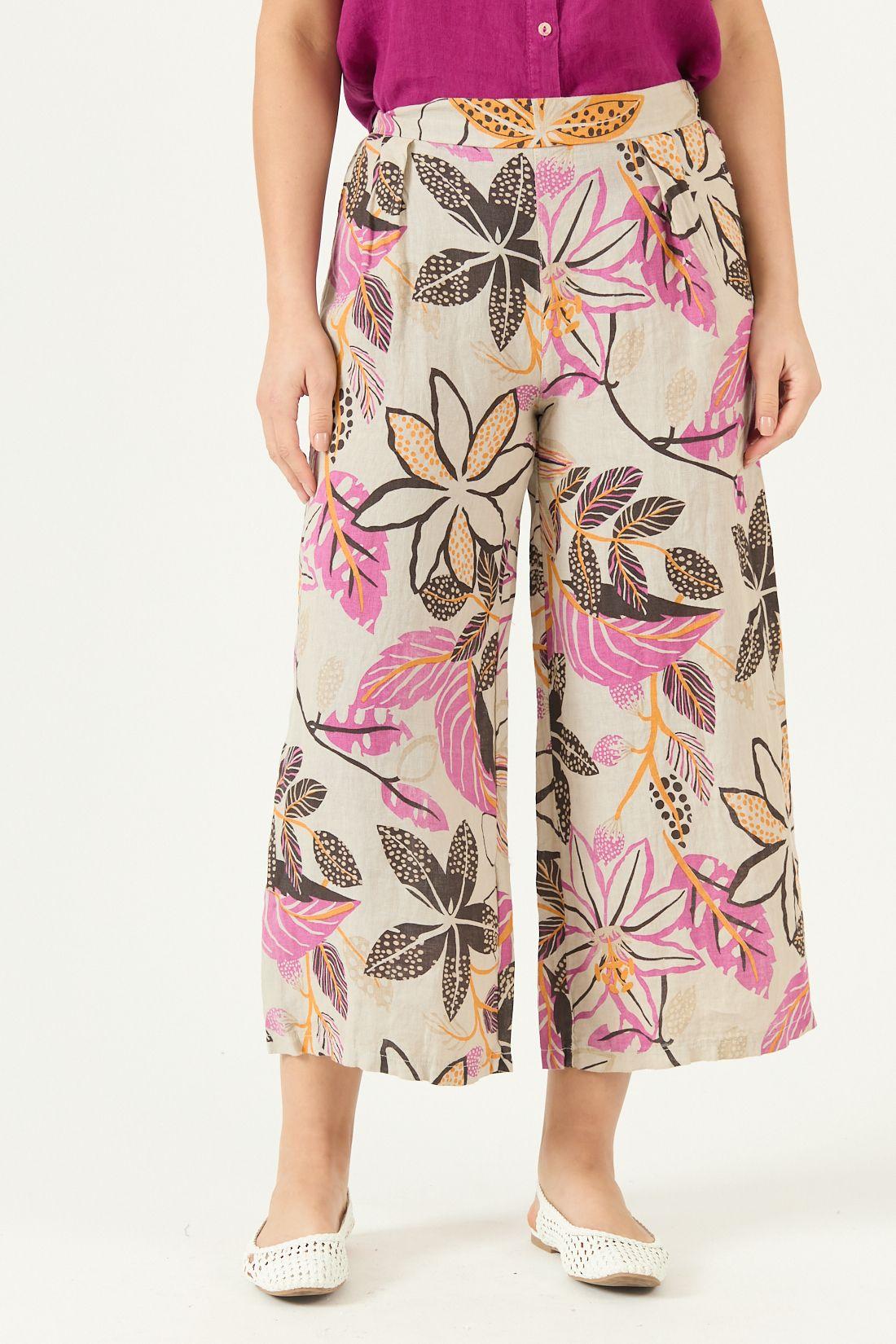 Pantalon De Lino Wide Leg Estampado Fucsia Cod 2013755-2
