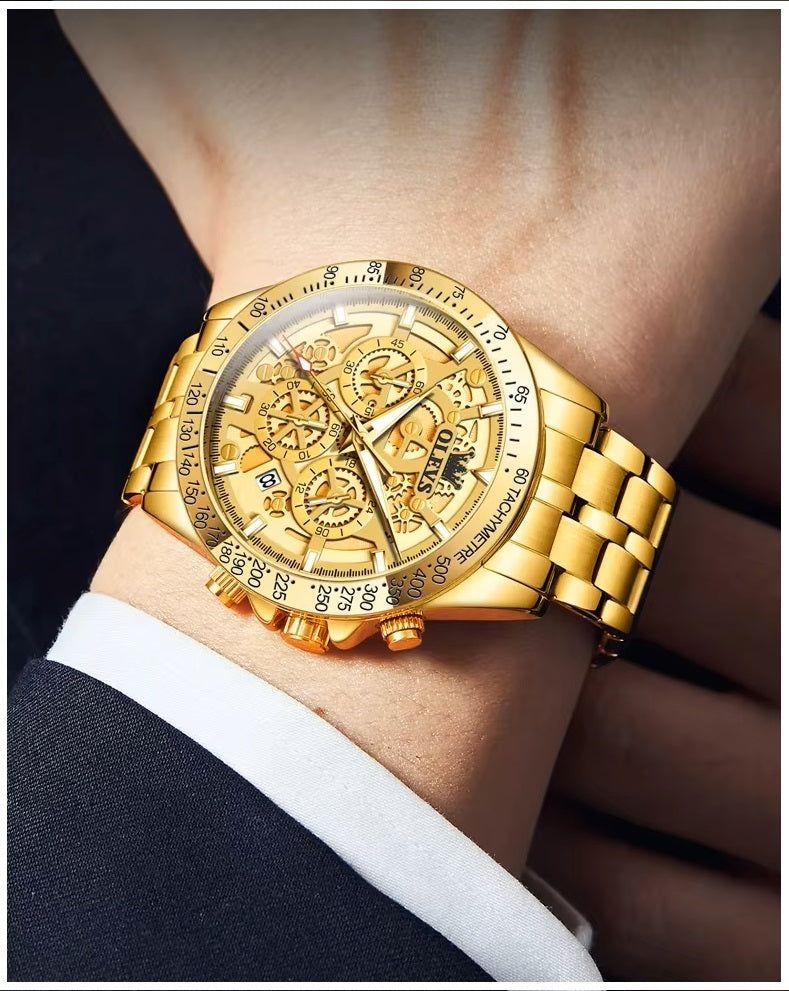 Reloj de Pulsera para Hombre Clásico de Lujo Acero Inoxidable Dorado-3