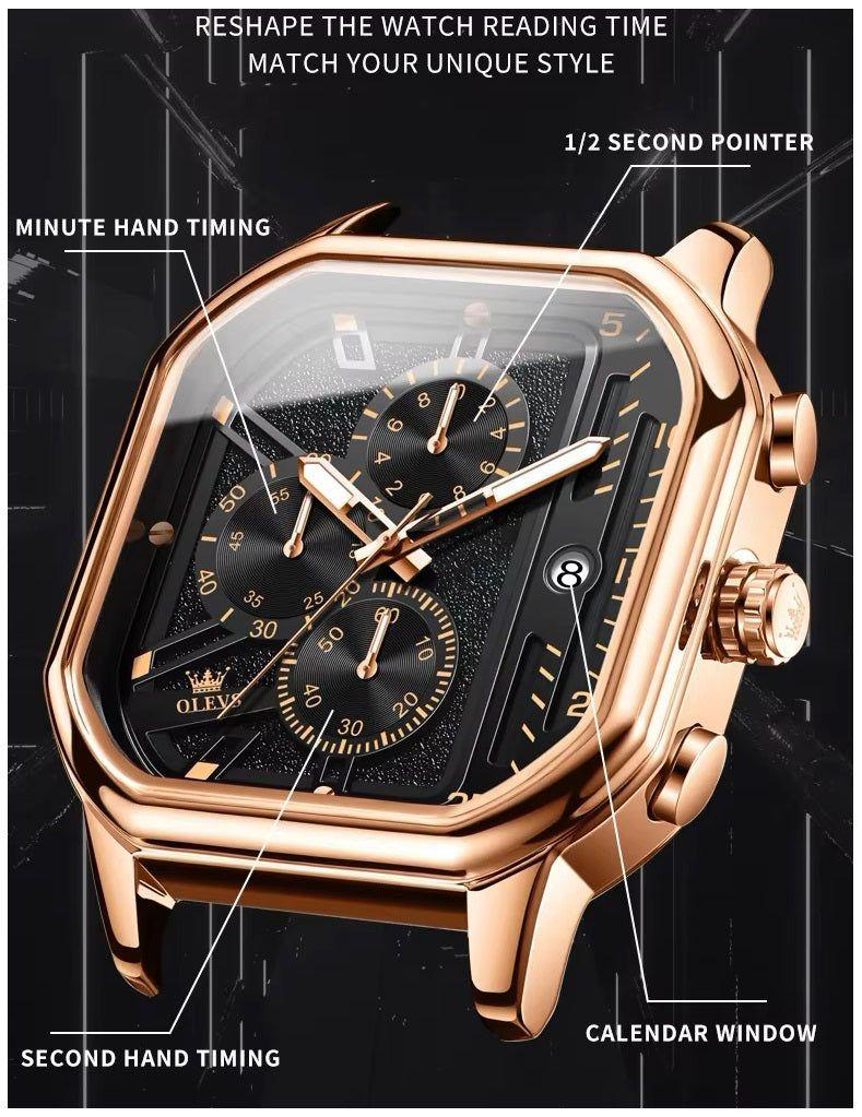 Reloj de Hombre Cuadrado de Lujo con Cronógrafo Correa de Cuero-4