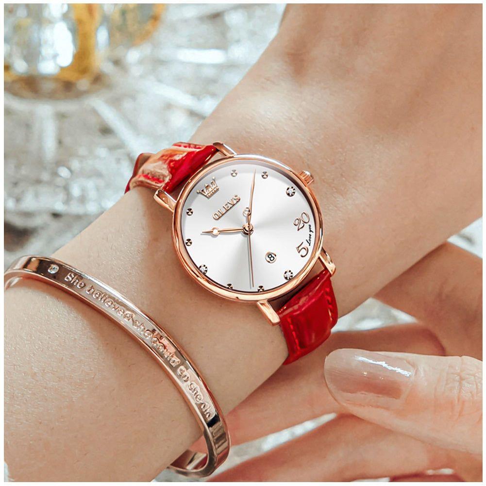 Reloj Femenino de Cuarzo con Correa de Cuero Rojo y Esfera Decorativa-3