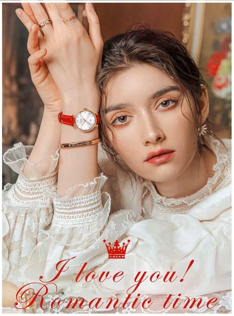 Reloj Femenino de Cuarzo con Correa de Cuero Rojo y Esfera Decorativa-4