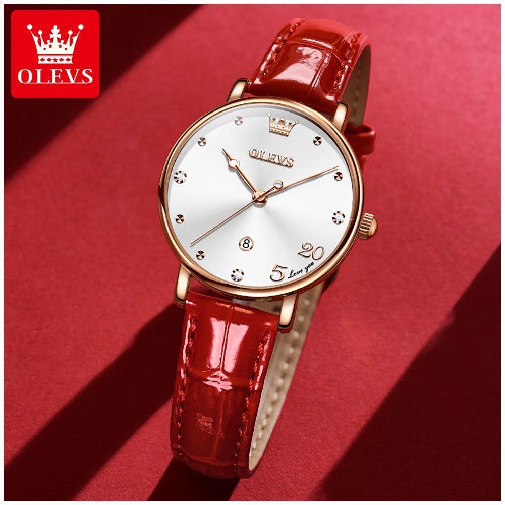 Reloj Femenino de Cuarzo con Correa de Cuero Rojo y Esfera Decorativa-5