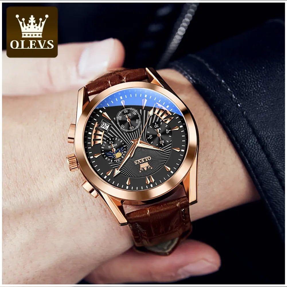 Reloj Cronógrafo de Lujo para Hombre con Correa de Cuero Clásico-3