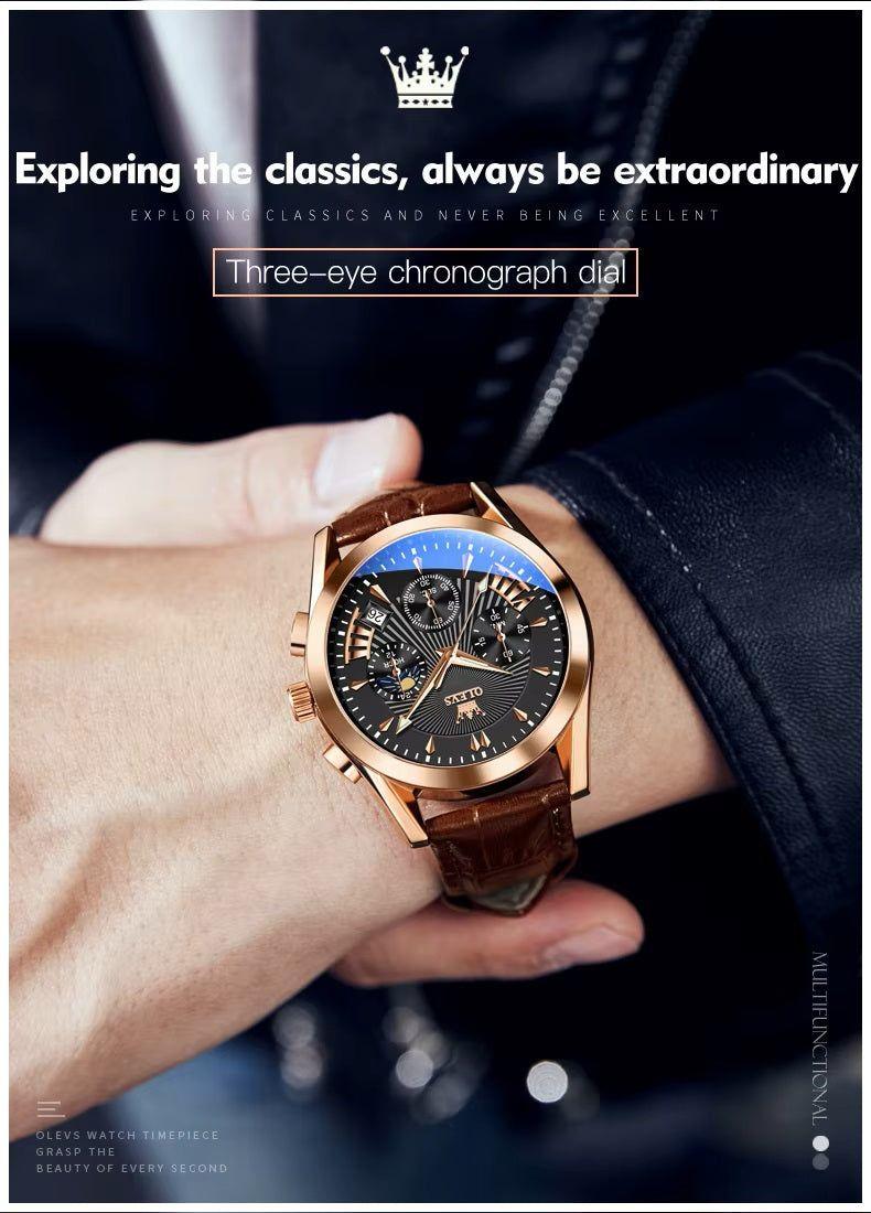 Reloj Cronógrafo de Lujo para Hombre con Correa de Cuero Clásico-4