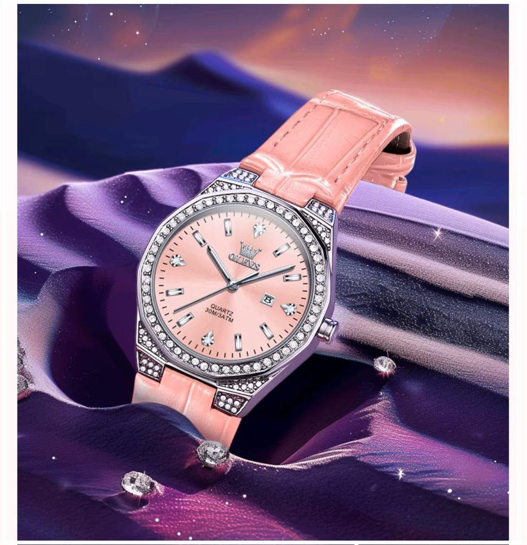 Reloj cuarzo mujer con correa rosa y cristales-9