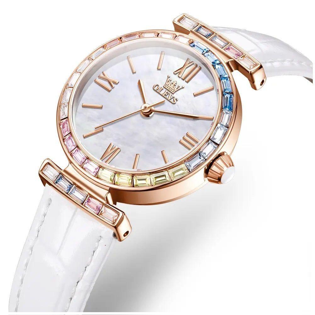 Reloj de Mujer Elegante con Correa de Cuero y Cristales Multicolor-1