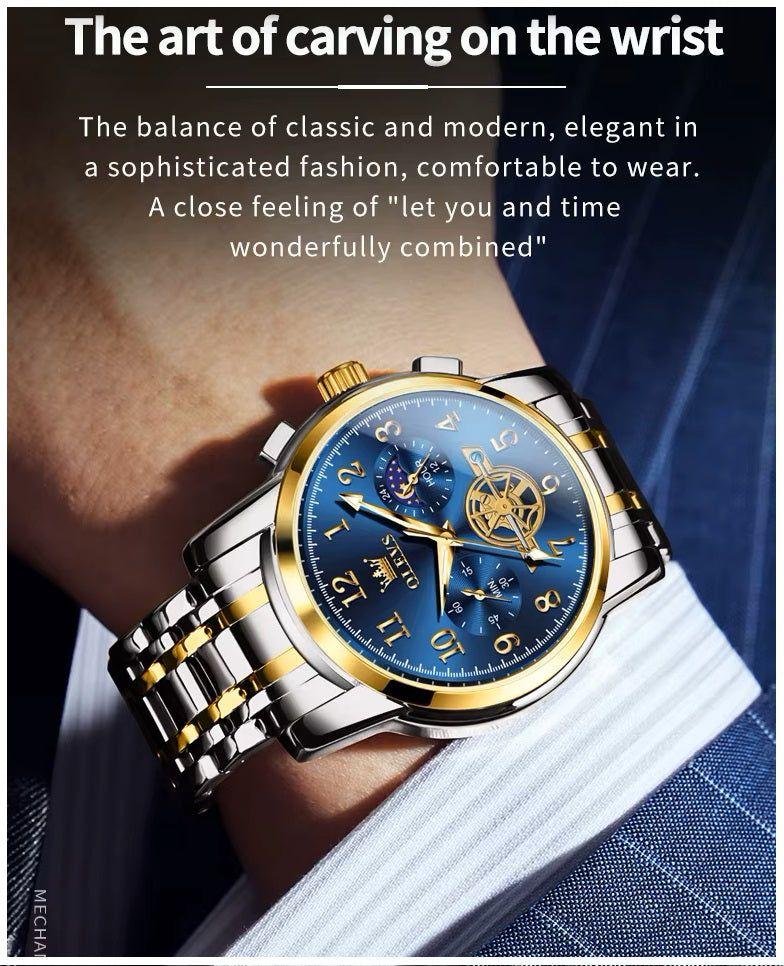 Reloj Cronógrafo de Lujo Hombre con Esfera Azul Función Fase Lunar-3