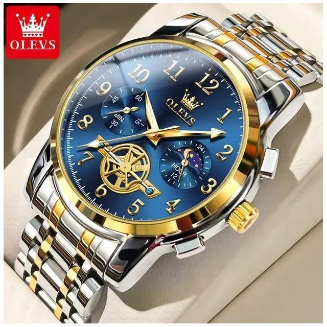 Reloj Cronógrafo de Lujo Hombre con Esfera Azul Función Fase Lunar-5