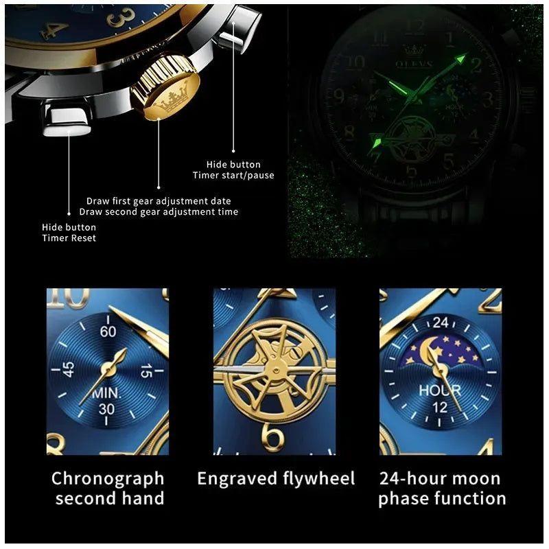 Reloj Cronógrafo de Lujo Hombre con Esfera Azul Función Fase Lunar-4