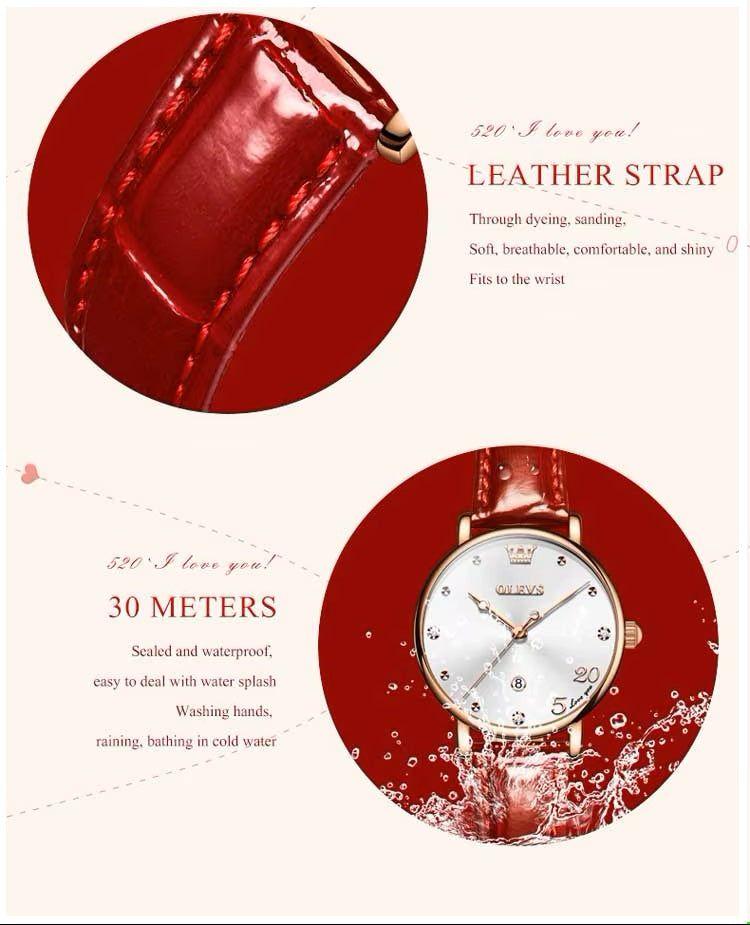 Reloj cuarzo mujer con correa de cuero rojo-7