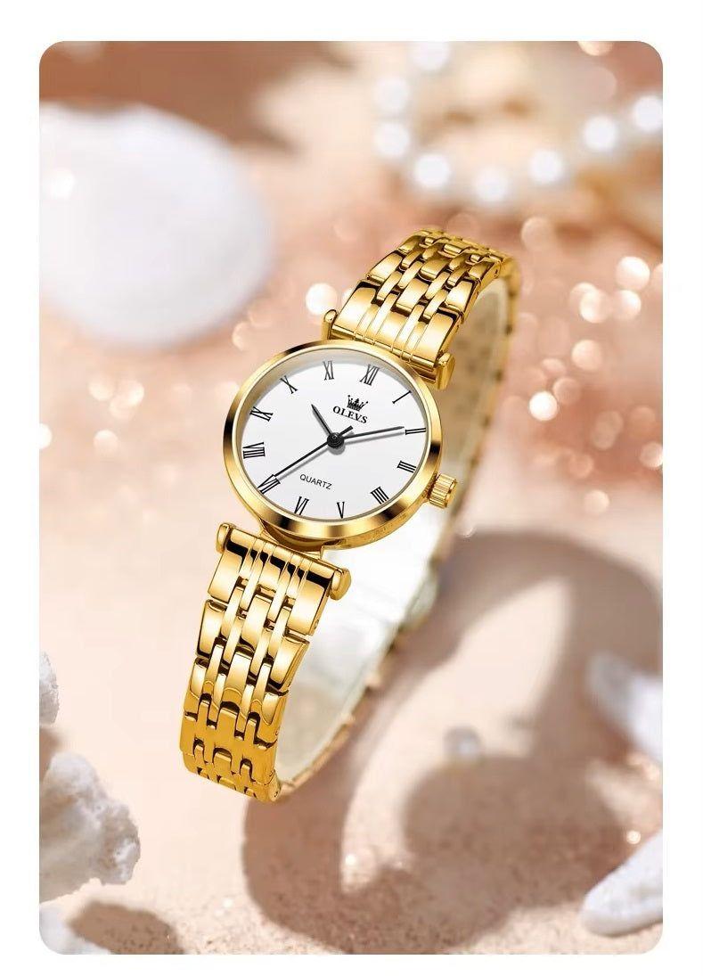 Reloj de Mujer Elegante de Cuarzo Pulsera de Acero Inoxidable Dorado-2