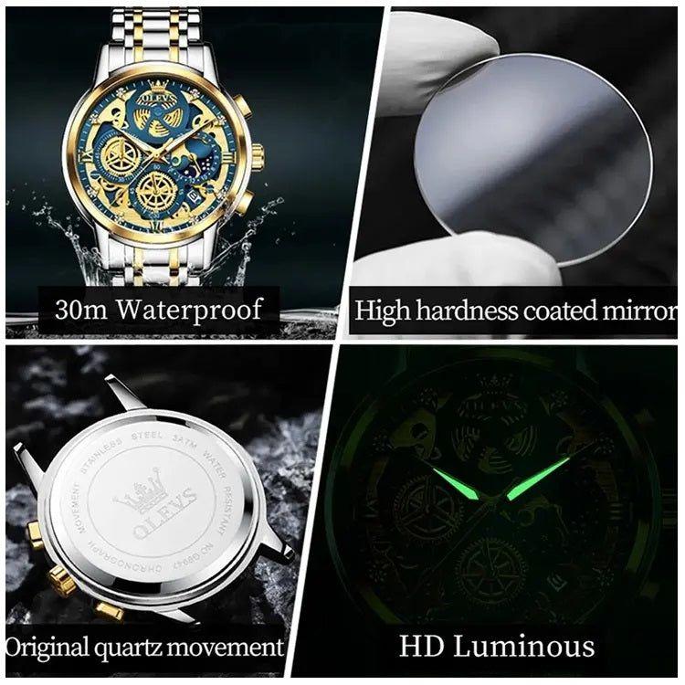 Reloj hombre esqueleto dorado multifunción-2
