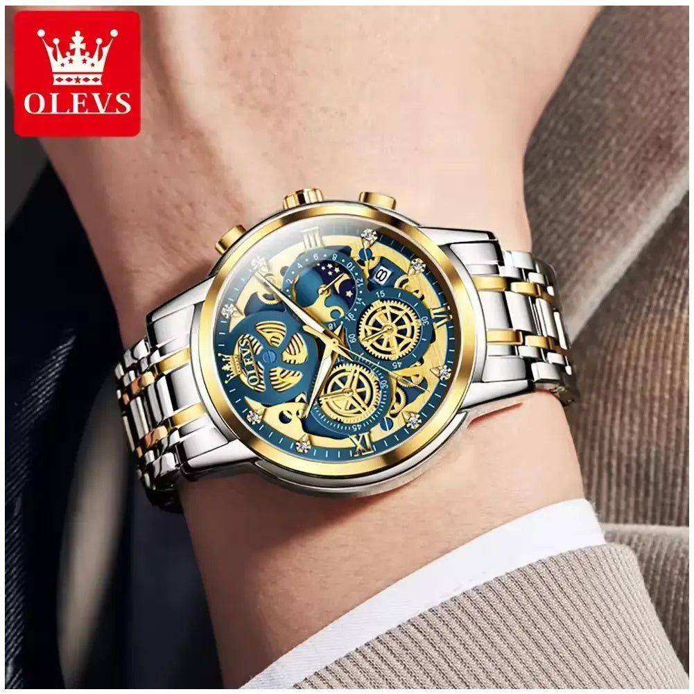 Reloj hombre esqueleto dorado multifunción-4