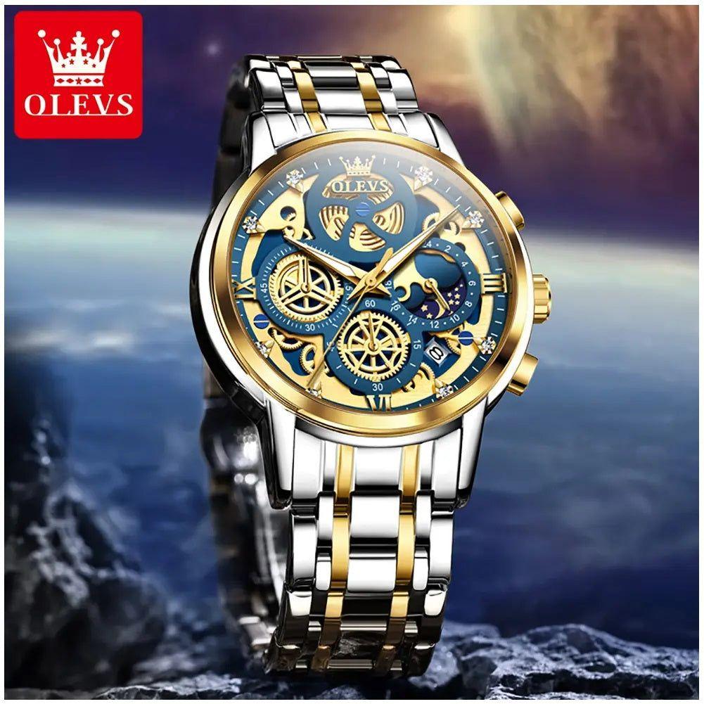 Reloj hombre esqueleto dorado multifunción-5