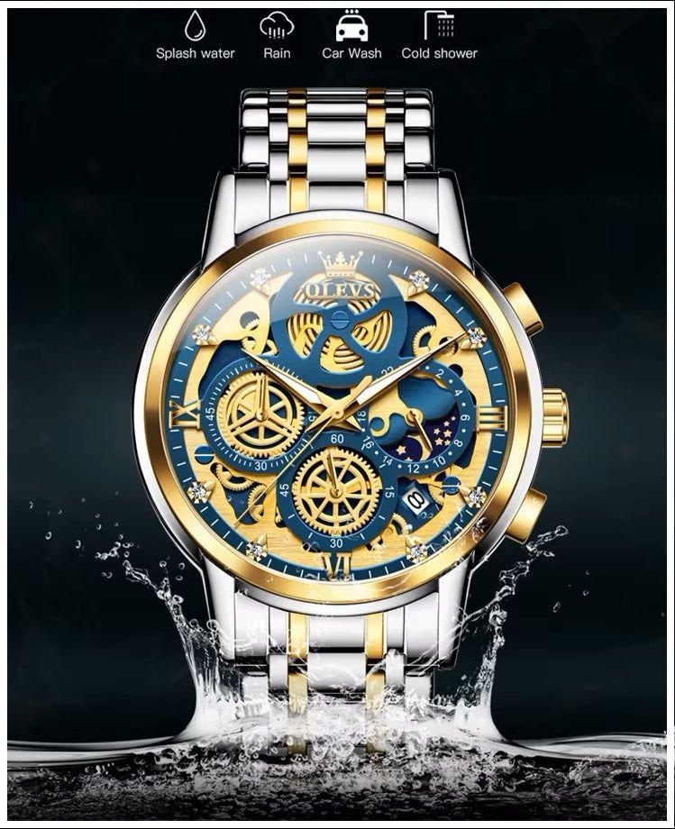 Reloj hombre esqueleto dorado multifunción-6