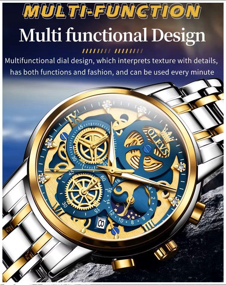 Reloj hombre esqueleto dorado multifunción-7