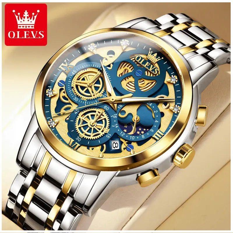Reloj hombre esqueleto dorado multifunción-8