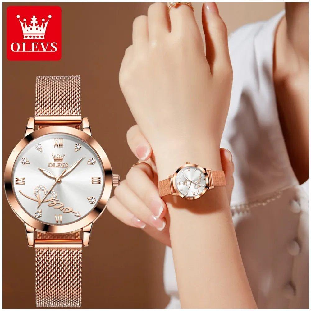Reloj de Mujer Diseño Elegante Pulsera Metálica de Malla Rosa Dorado-2