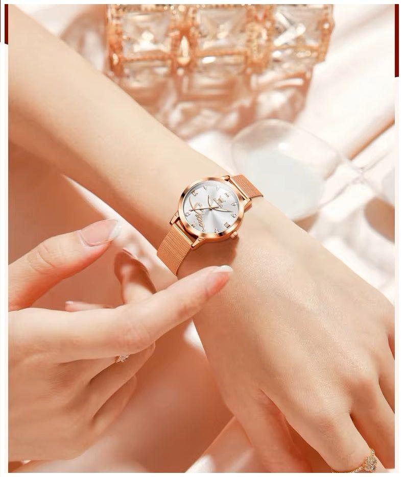 Reloj de Mujer Diseño Elegante Pulsera Metálica de Malla Rosa Dorado-3
