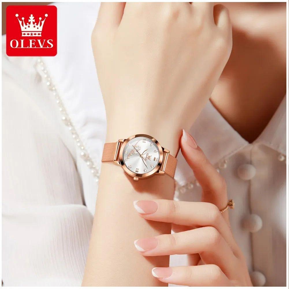 Reloj de Mujer Diseño Elegante Pulsera Metálica de Malla Rosa Dorado-5