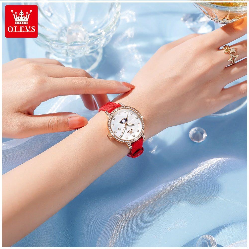 Reloj de Pulsera Mujer Elegante con Fase Lunar y Correa de Cuero Rojo-2