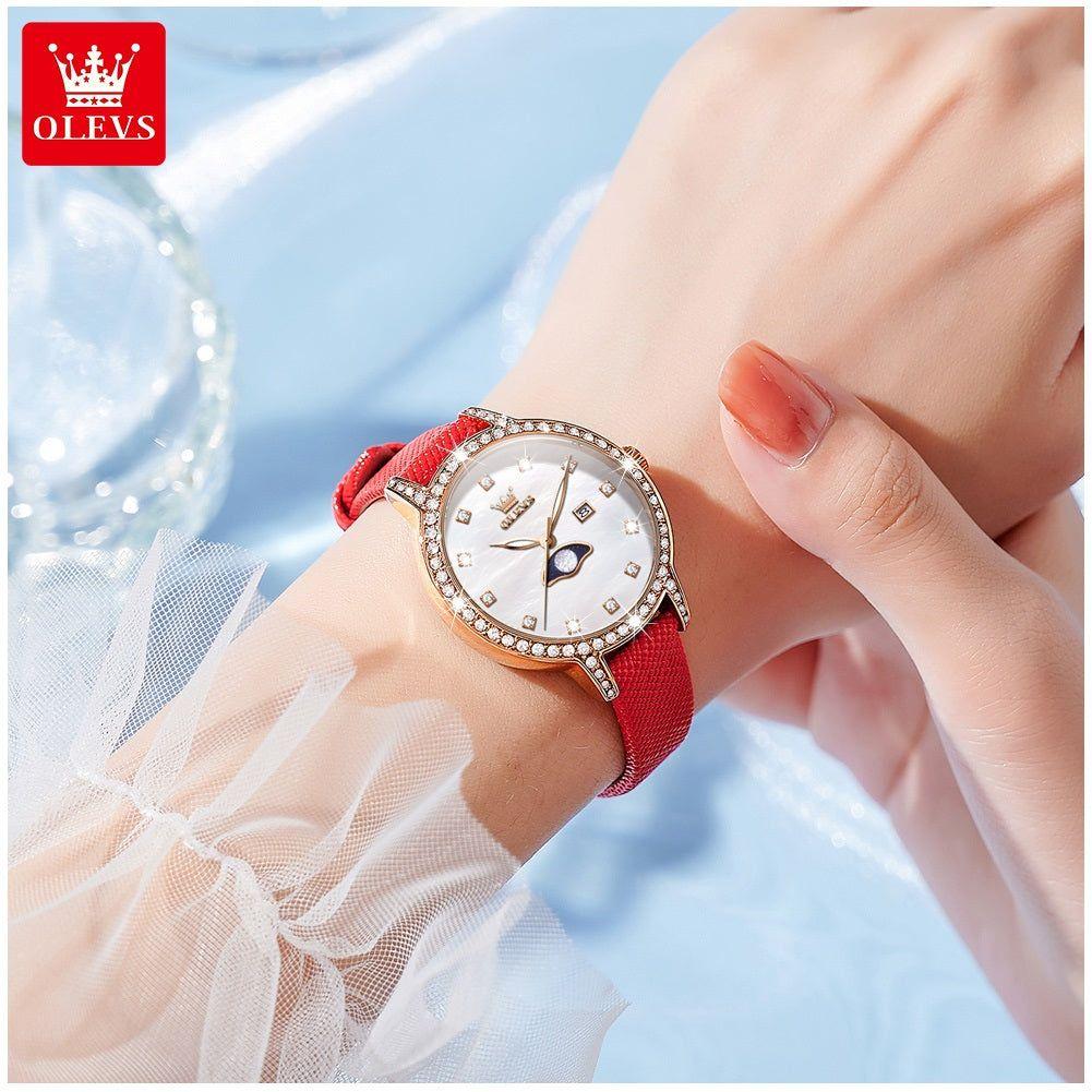 Reloj de Pulsera Mujer Elegante con Fase Lunar y Correa de Cuero Rojo-3