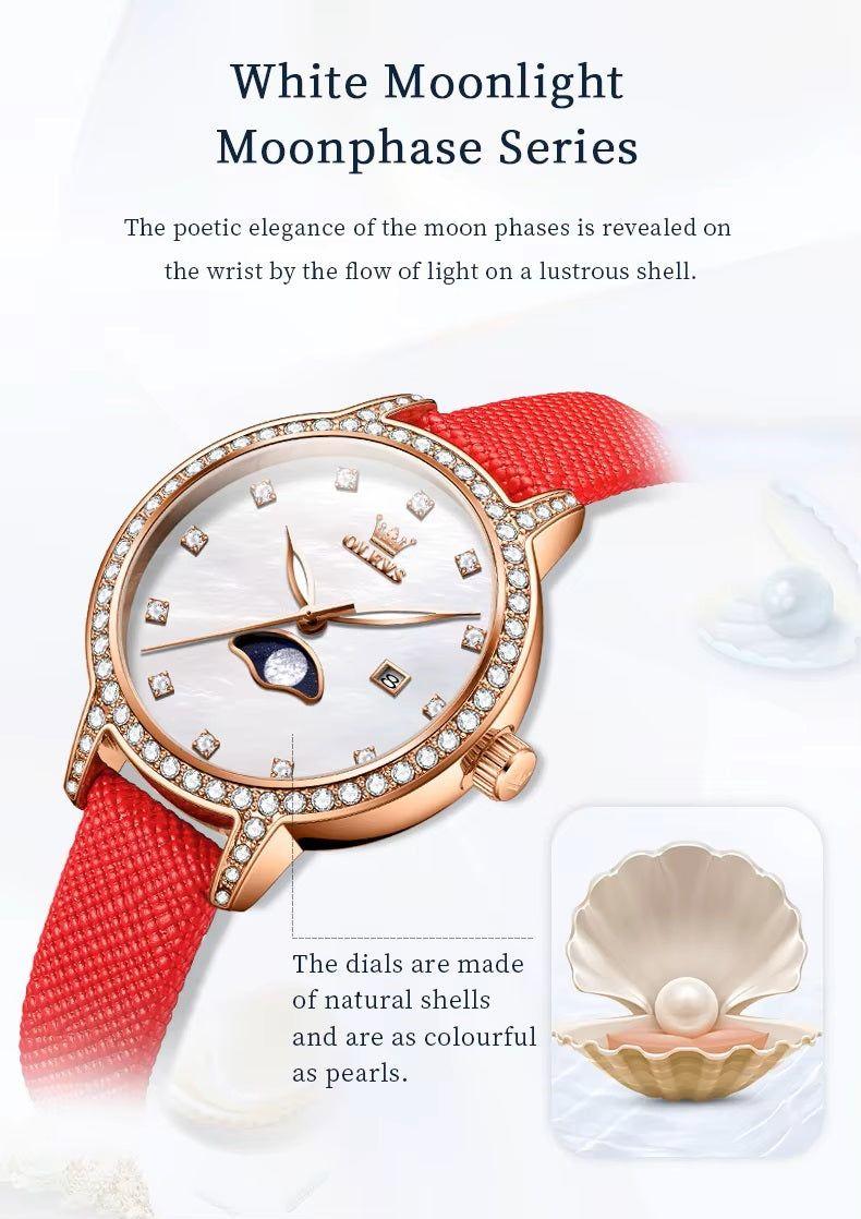 Reloj de Pulsera Mujer Elegante con Fase Lunar y Correa de Cuero Rojo-4