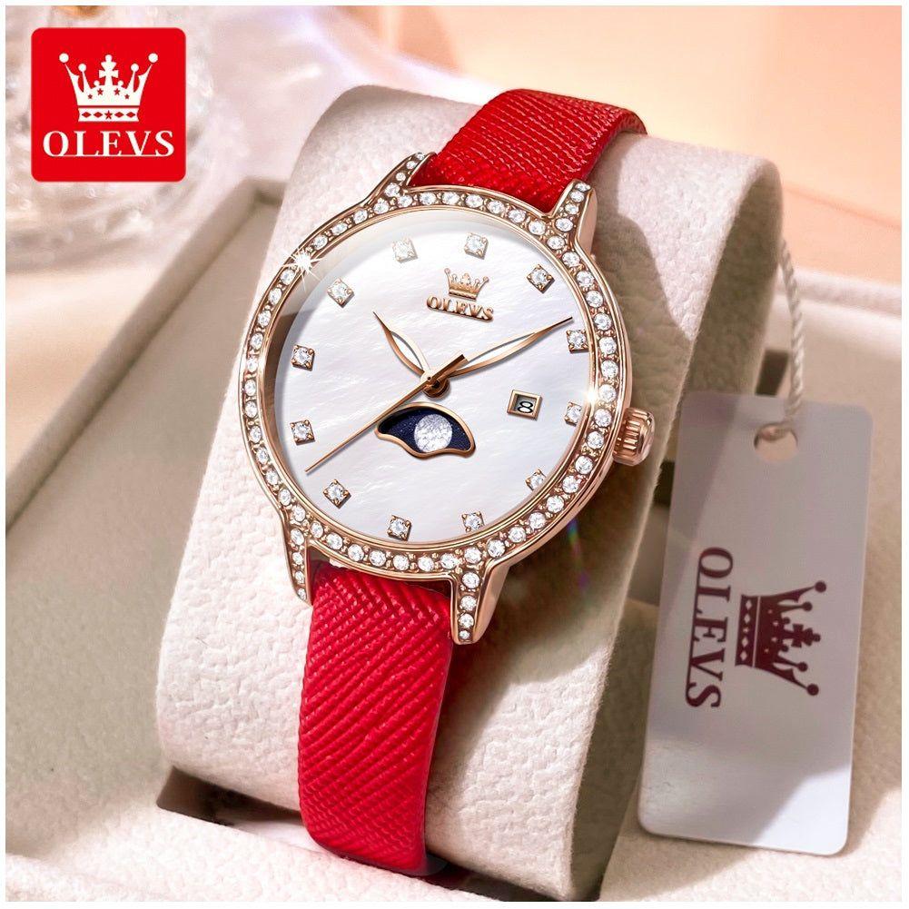 Reloj de Pulsera Mujer Elegante con Fase Lunar y Correa de Cuero Rojo-5