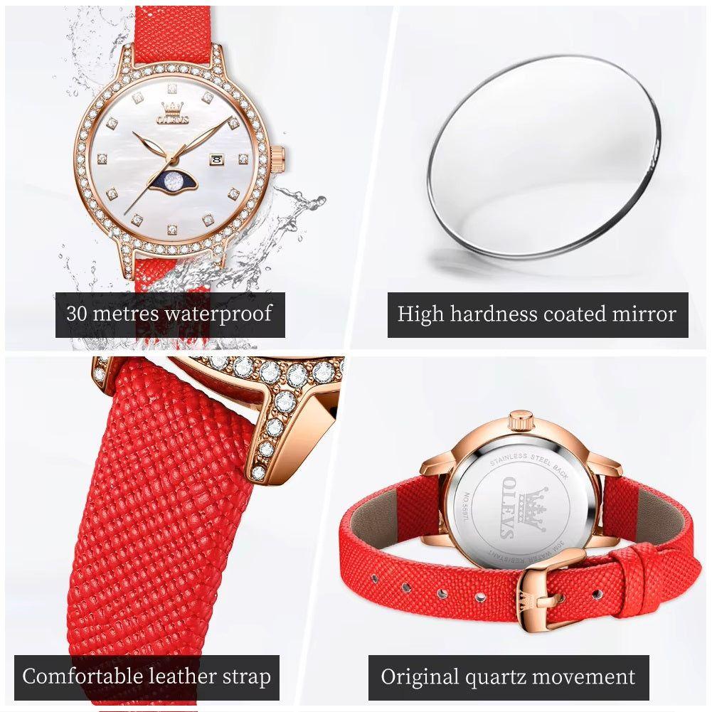 Reloj de Pulsera Mujer Elegante con Fase Lunar y Correa de Cuero Rojo-6