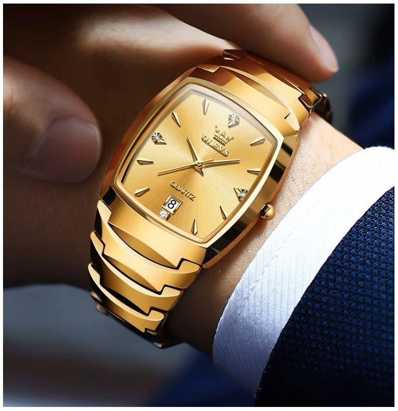 Reloj de hombre con cuarzo japonés y caja dorada-7