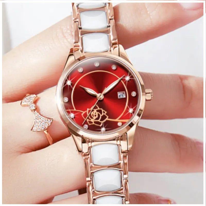 Reloj de Pulsera Elegante para Mujer Esfera Roja Cerámica Blanca-2
