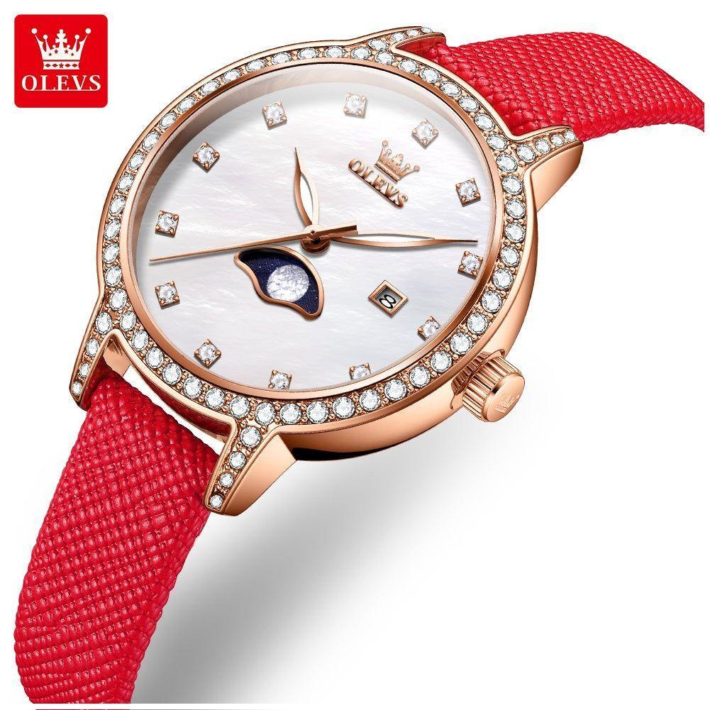 Reloj de mujer con fase lunar y correa roja-0