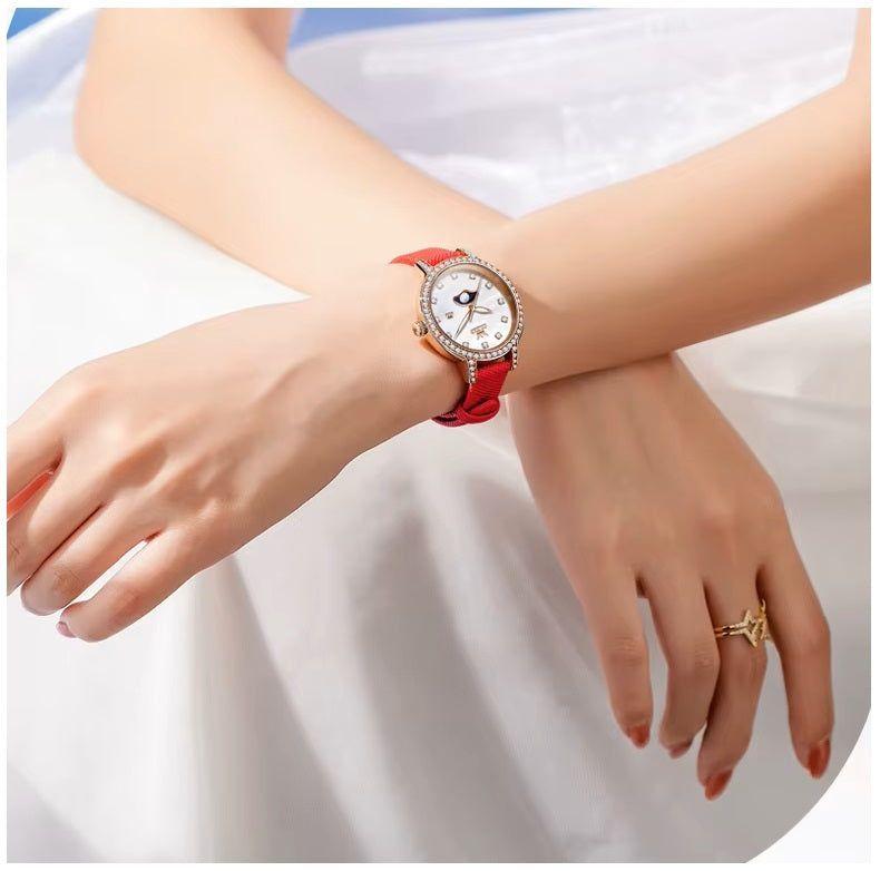 Reloj de mujer con fase lunar y correa roja-6