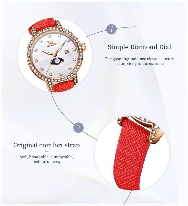 Reloj de mujer con fase lunar y correa roja-7