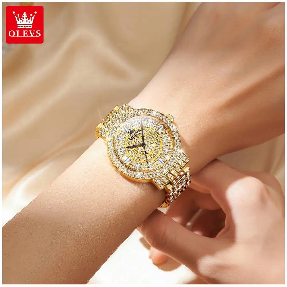 Reloj de Lujo Dorado para Mujer Cuarzo Cristales y Acabado Metálico-2