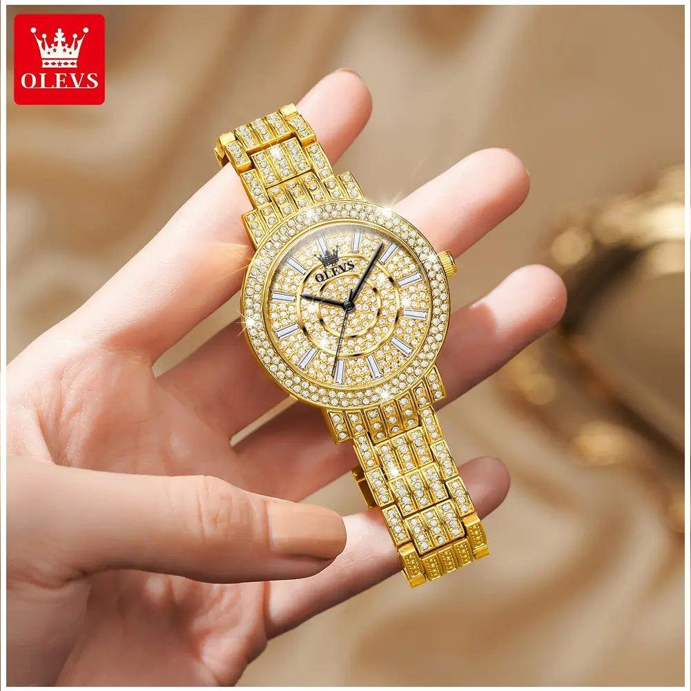 Reloj de Lujo Dorado para Mujer Cuarzo Cristales y Acabado Metálico-3