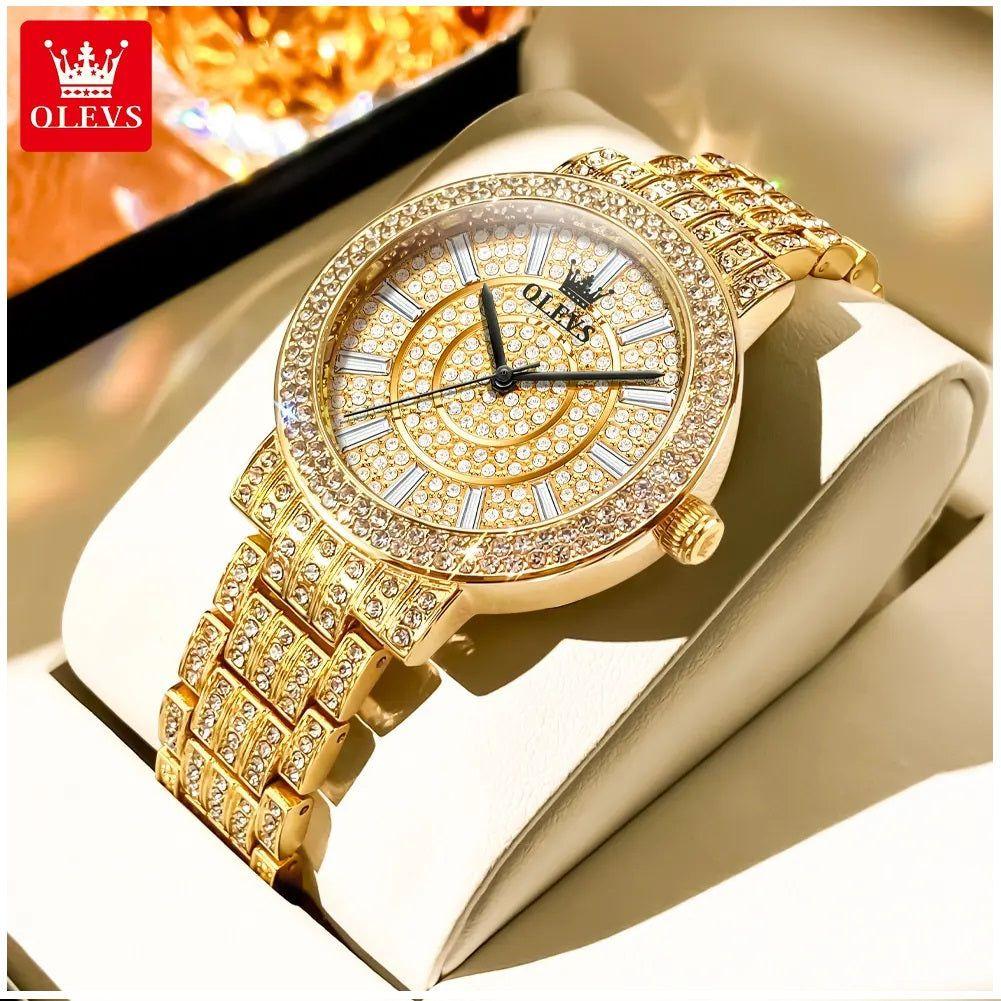 Reloj de Lujo Dorado para Mujer Cuarzo Cristales y Acabado Metálico-5