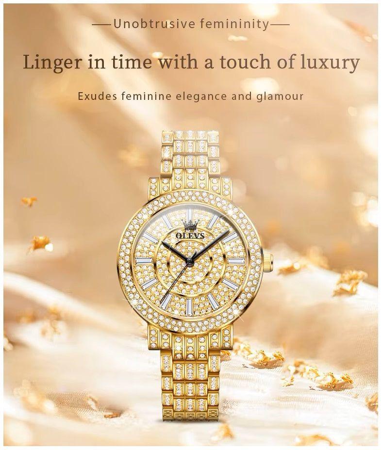 Reloj de Lujo Dorado para Mujer Cuarzo Cristales y Acabado Metálico-6
