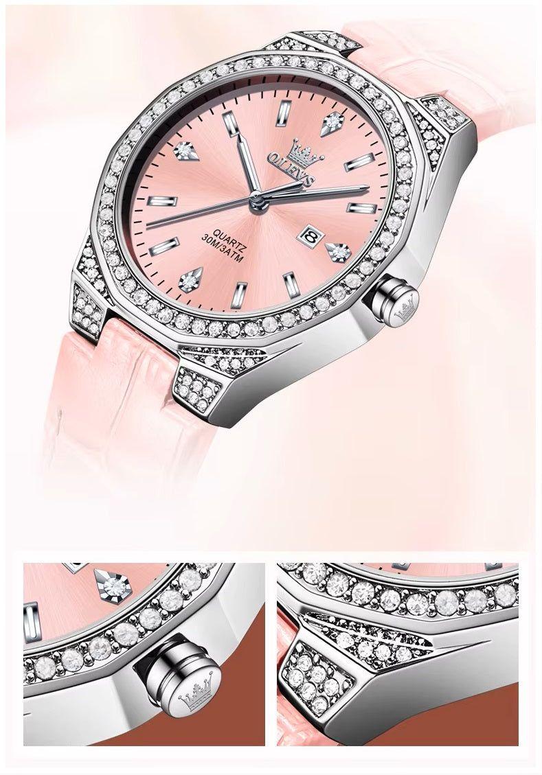 Reloj de Cuarzo para Mujer Correa de Cuero Rosa Esfera de Cristales-3