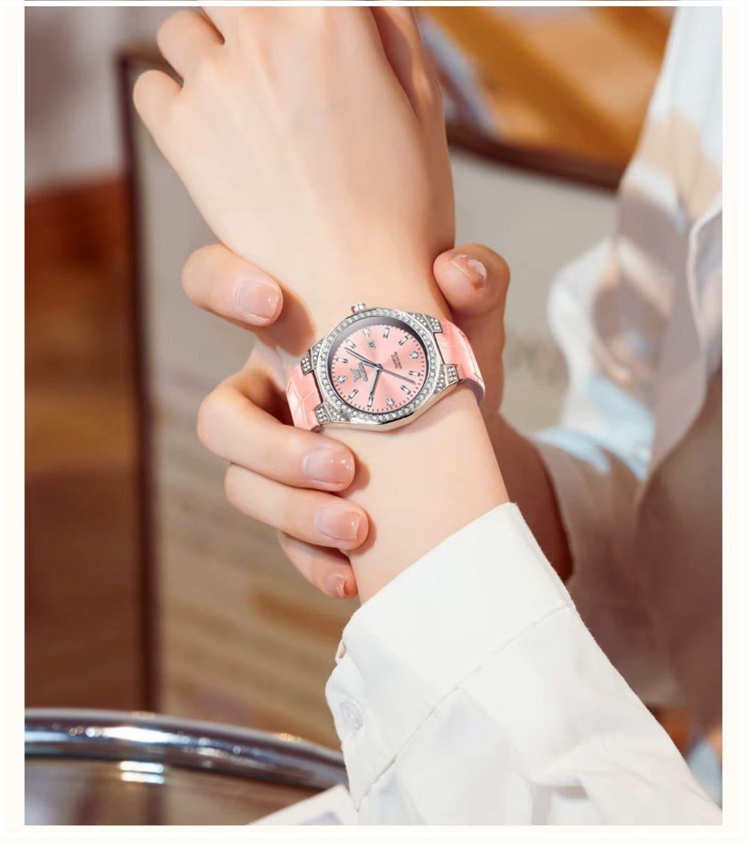 Reloj de Cuarzo para Mujer Correa de Cuero Rosa Esfera de Cristales-4
