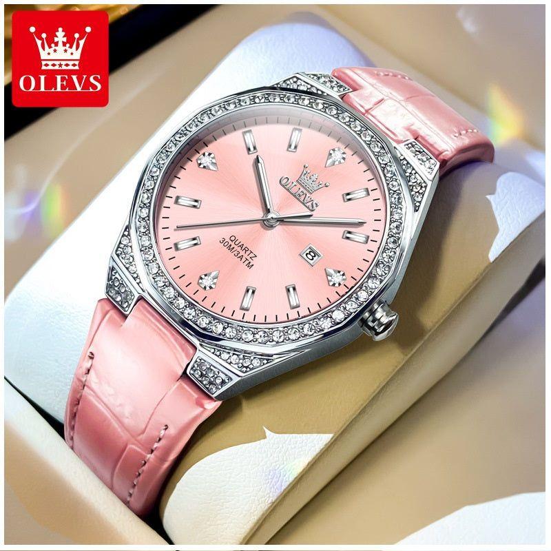 Reloj de Cuarzo para Mujer Correa de Cuero Rosa Esfera de Cristales-6